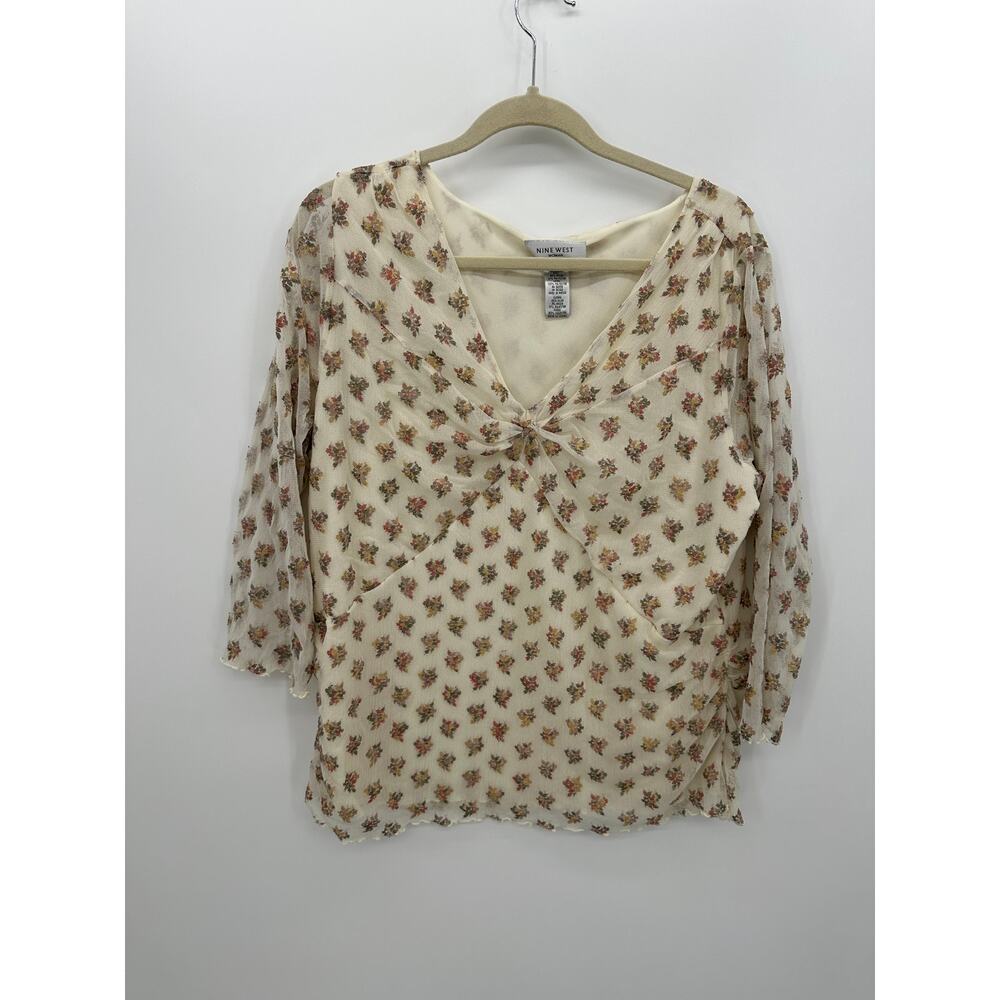 Nine West Women Cream Floral Mesh Y2K Babydoll Top Size 3X Dainty Coquette Fairy